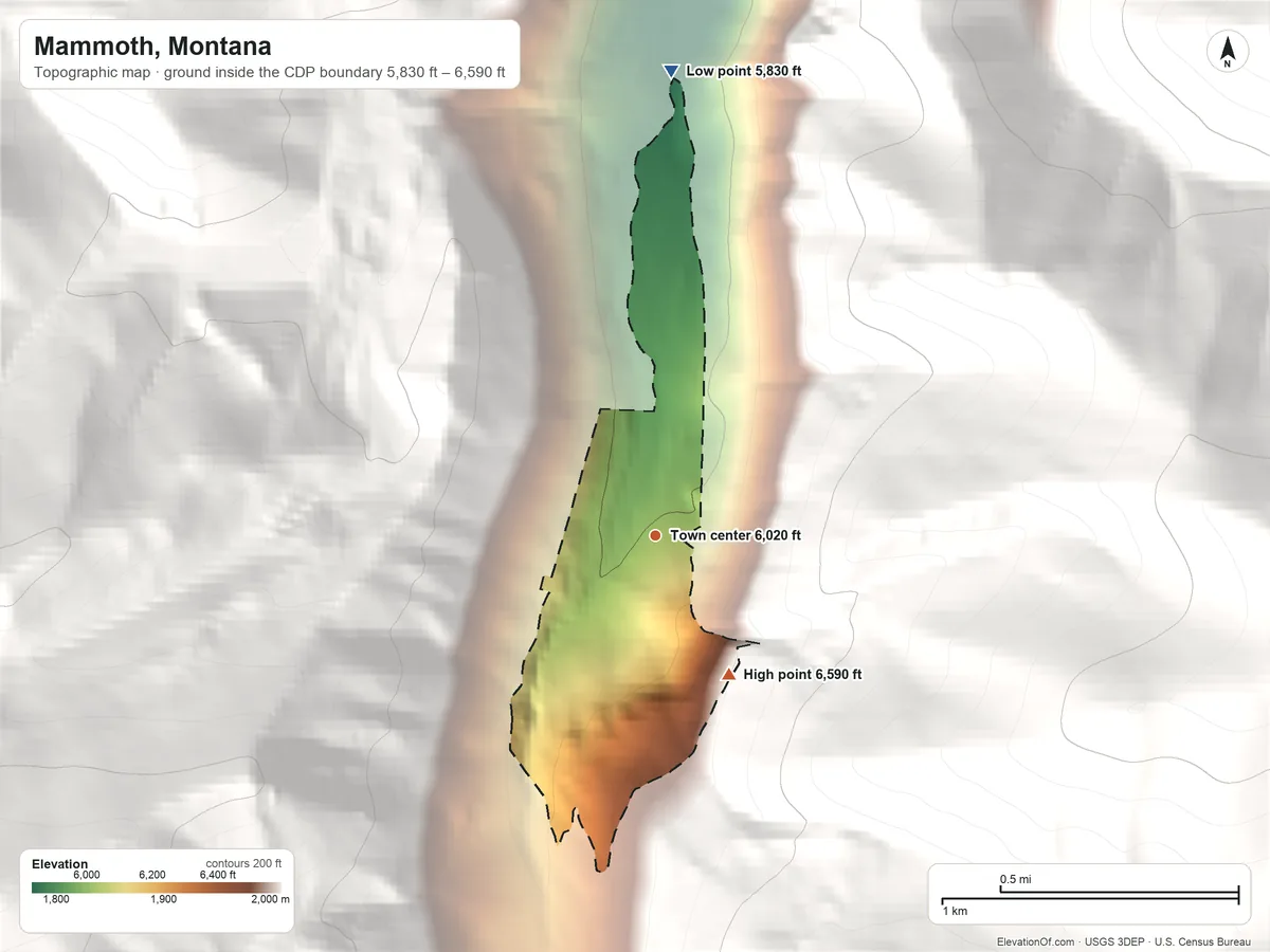 Topographic elevation map of Mammoth, Montana, shaded from 5,830 ft on the north side to 6,590 ft at the foot of the Tobacco Root Mountains