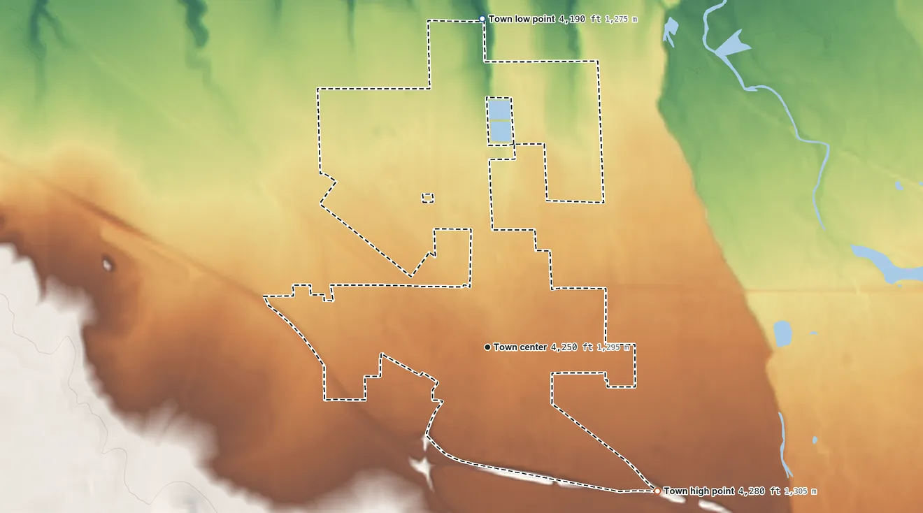 Topographic elevation map of Manhattan, Montana, shaded from 4,190 ft on the north side to 4,280 ft on the southeast side