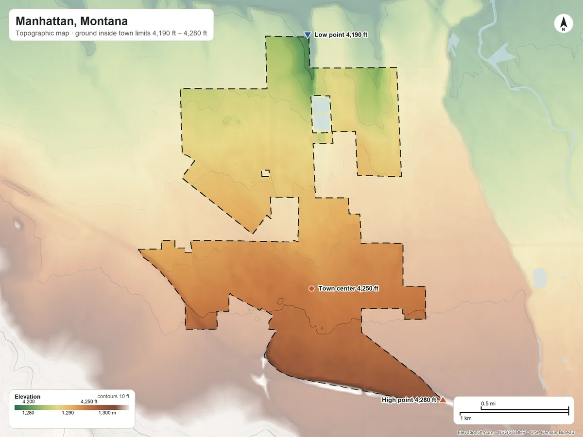 Topographic elevation map of Manhattan, Montana, shaded from 4,190 ft on the north side to 4,280 ft on the southeast side