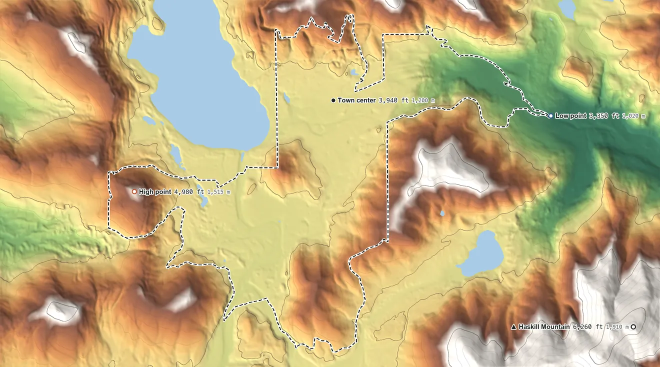 Topographic elevation map of Marion, Montana, shaded from 3,350 ft on the east side to 4,980 ft on the southwest side
