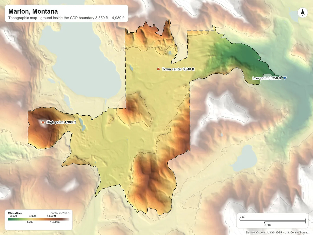 Topographic elevation map of Marion, Montana, shaded from 3,350 ft on the east side to 4,980 ft on the southwest side