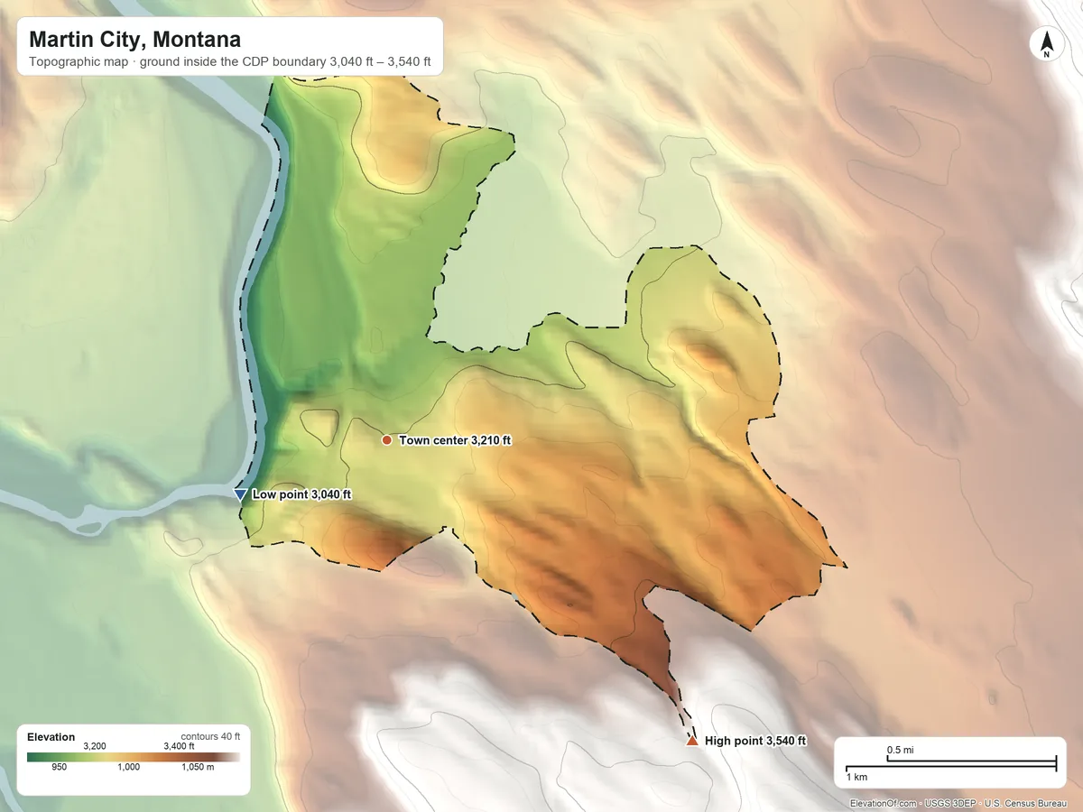 Topographic elevation map of Martin City, Montana, shaded from 3,040 ft on the west side to 3,540 ft at the foot of the Smoky Range