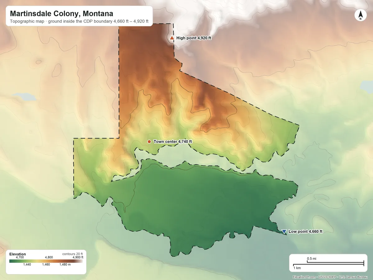 Topographic elevation map of Martinsdale Colony, Montana, shaded from 4,660 ft on the southeast side to 4,920 ft on the north edge, below higher ground just outside