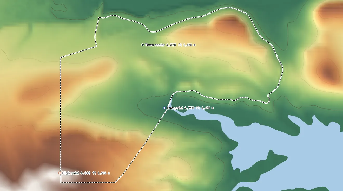 Topographic elevation map of Martinsdale, Montana, shaded from 4,790 ft on the south side to 4,940 ft on the southwest edge, below higher ground just outside
