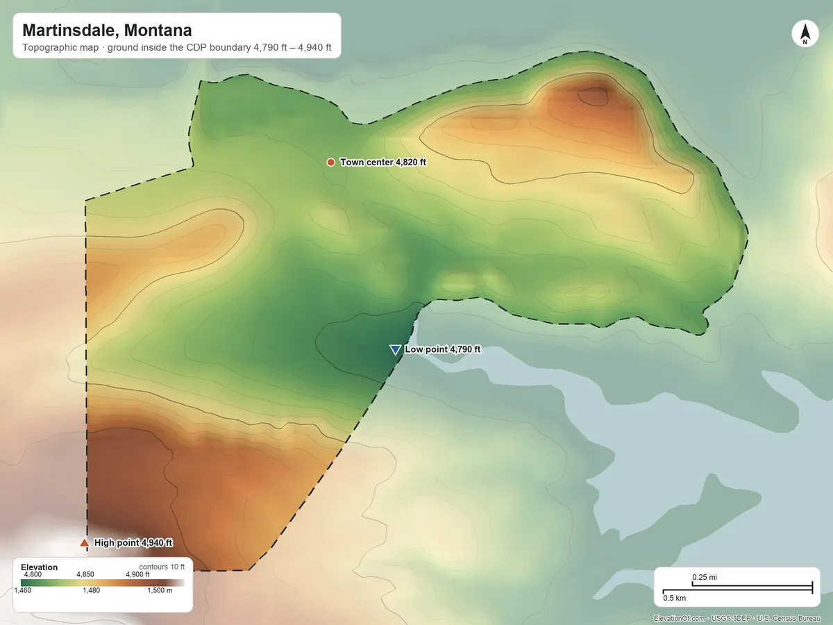 Topographic elevation map of Martinsdale, Montana, shaded from 4,790 ft on the south side to 4,940 ft on the southwest edge, below higher ground just outside