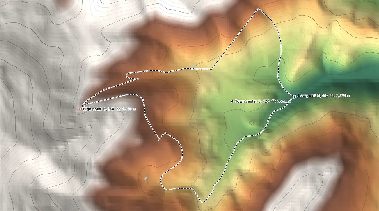 Topographic elevation map of Marysville, Montana, shaded from 5,210 ft on the east side to 6,140 ft at the foot of the General Robert E Lee Range (not official)