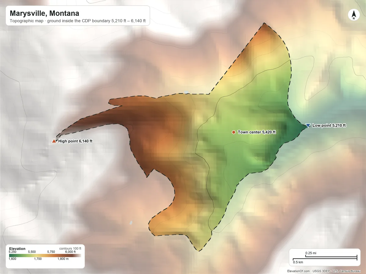 Topographic elevation map of Marysville, Montana, shaded from 5,210 ft on the east side to 6,140 ft at the foot of the General Robert E Lee Range (not official)