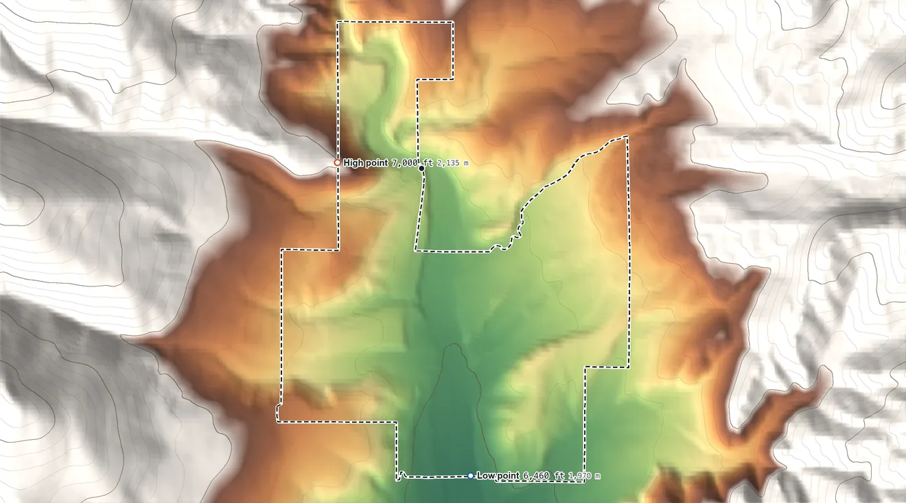 Topographic elevation map of Maverick Mountain, Montana, shaded from 6,460 ft on the south side to 7,000 ft at the foot of the Pioneer Mountains