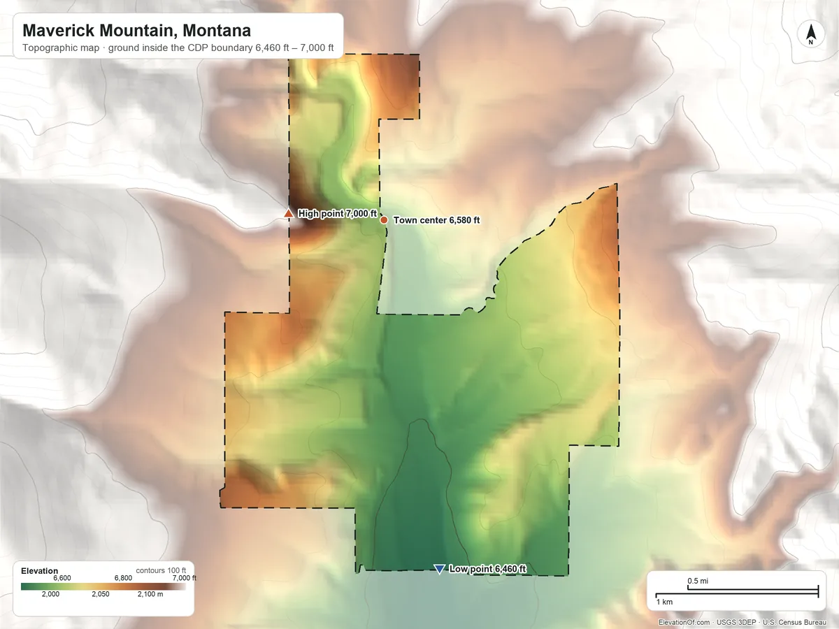 Topographic elevation map of Maverick Mountain, Montana, shaded from 6,460 ft on the south side to 7,000 ft at the foot of the Pioneer Mountains