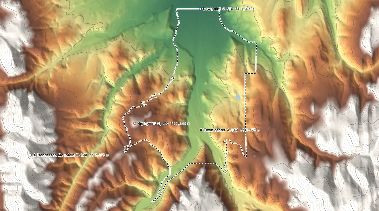 Topographic elevation map of Maxville, Montana, shaded from 4,510 ft on the north side to 6,000 ft on the west side