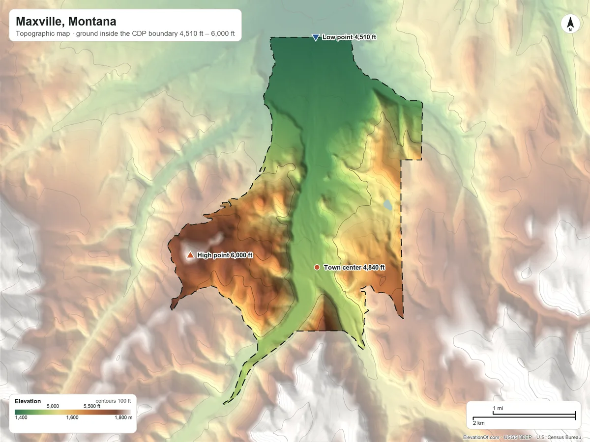 Topographic elevation map of Maxville, Montana, shaded from 4,510 ft on the north side to 6,000 ft on the west side