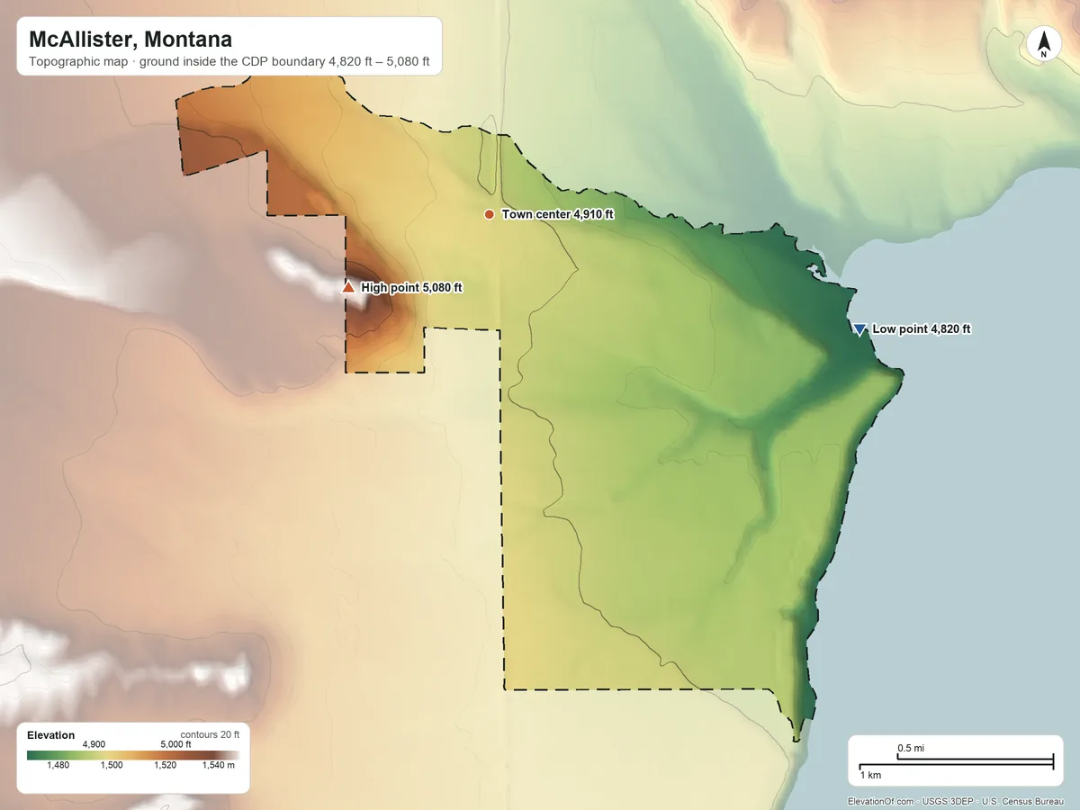 Topographic elevation map of McAllister, Montana, shaded from 4,820 ft on the east side to 5,080 ft on the southwest side