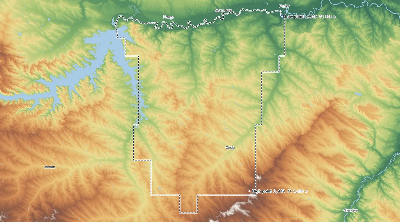 Topographic elevation map of McCone County, Montana, shaded from 1,940 ft on the northeast side to 3,440 ft on the southeast side