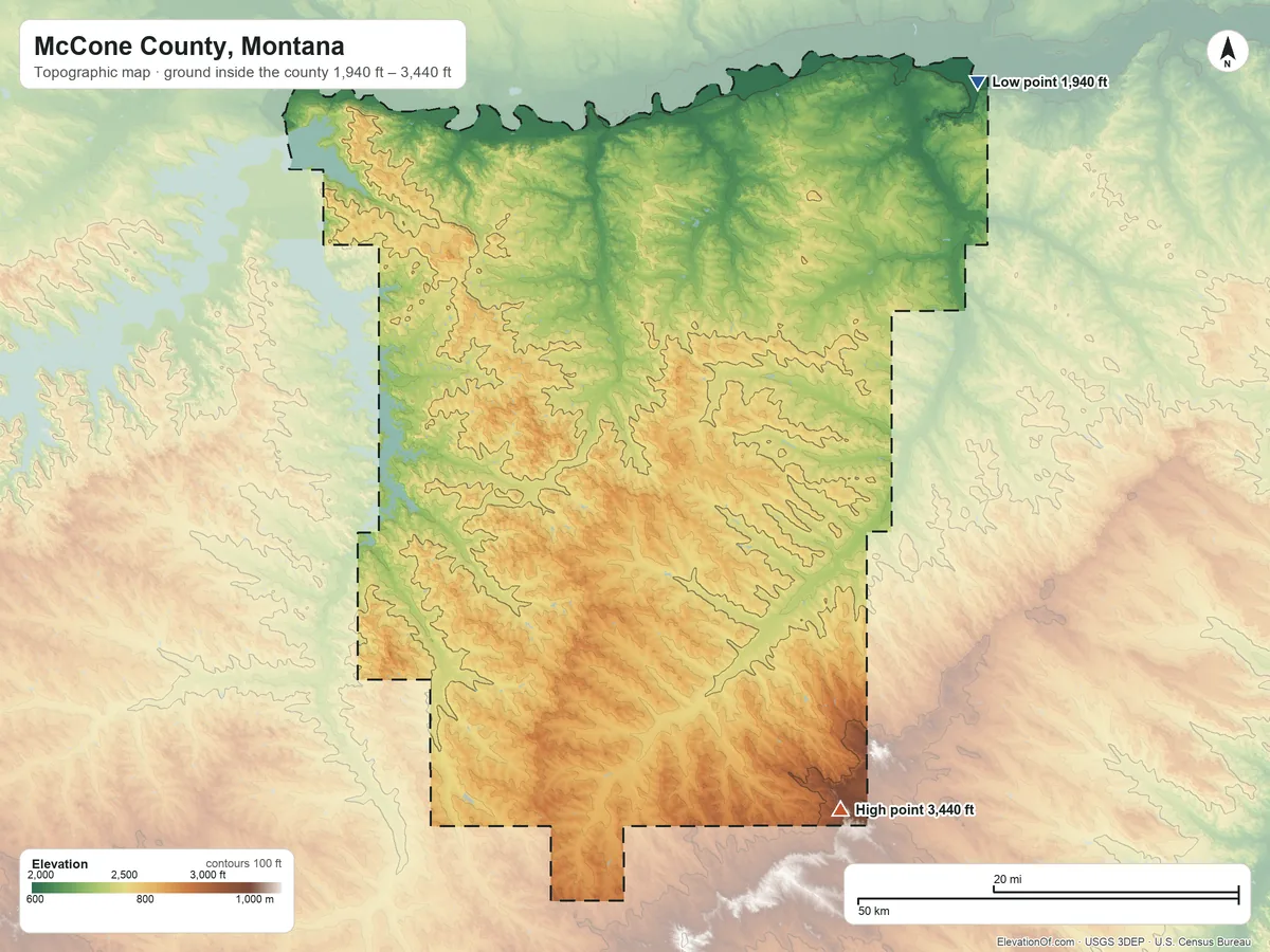 Topographic elevation map of McCone County, Montana, shaded from 1,940 ft on the northeast side to 3,440 ft on the southeast side