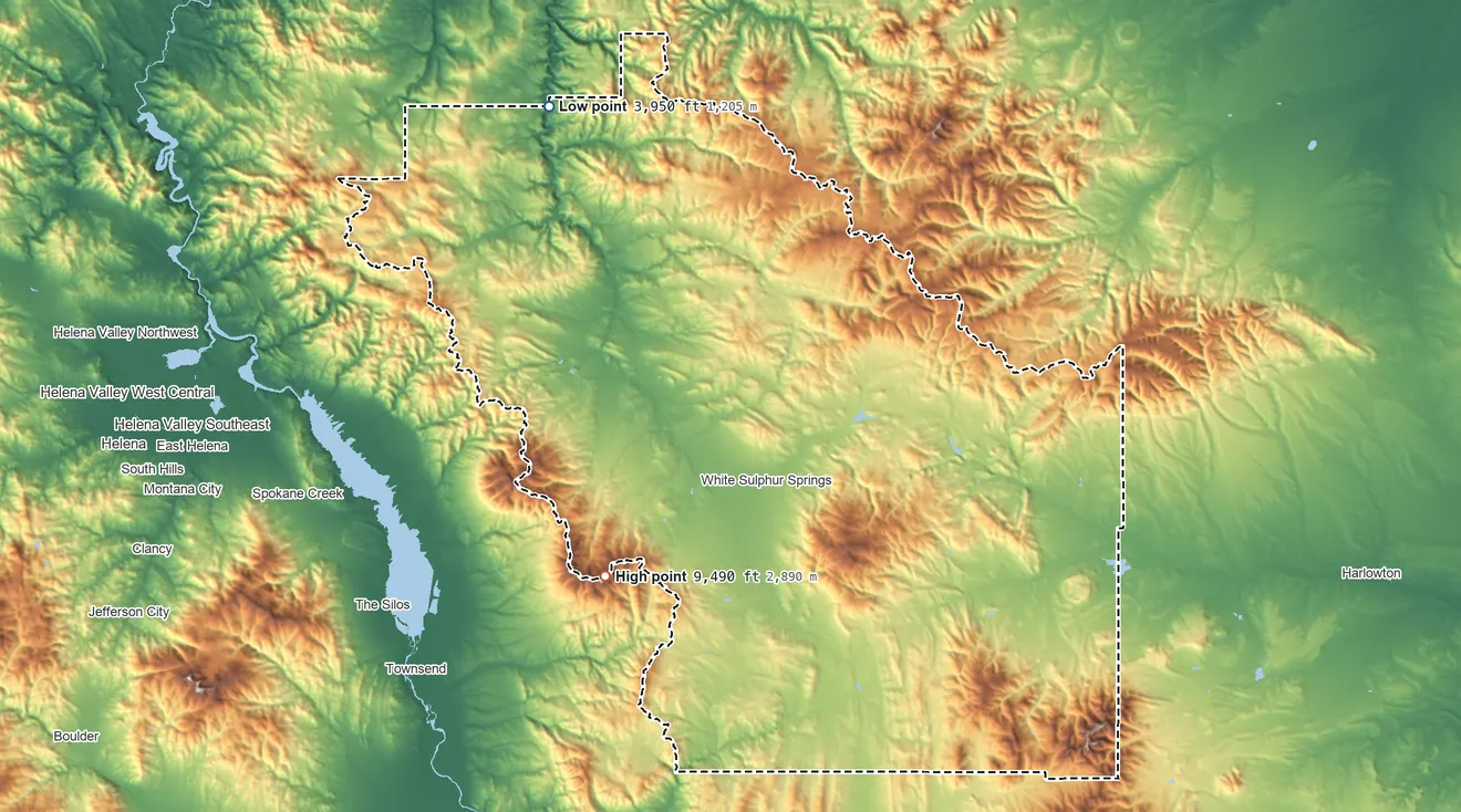 Topographic elevation map of Meagher County, Montana, shaded from 3,950 ft on the northwest side to 9,490 ft on Mount Edith