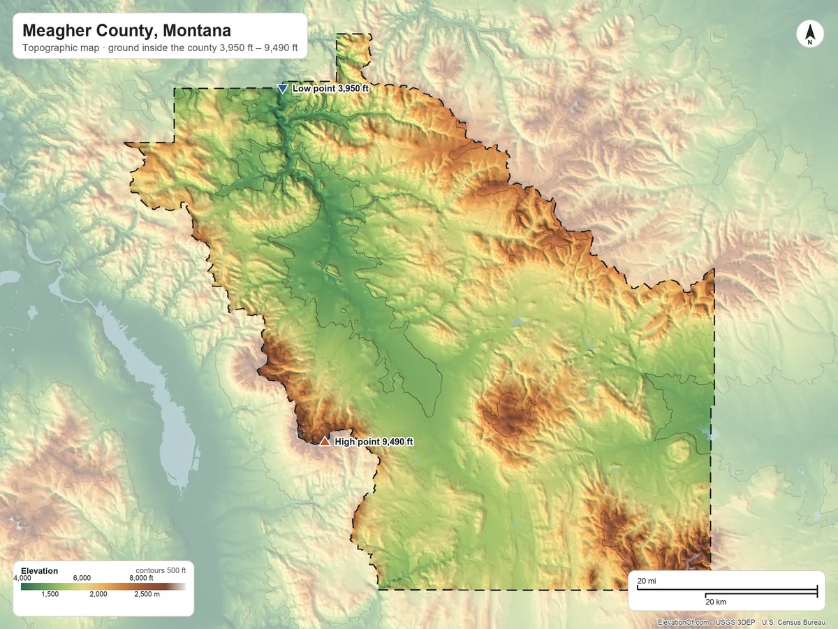 Topographic elevation map of Meagher County, Montana, shaded from 3,950 ft on the northwest side to 9,490 ft on Mount Edith
