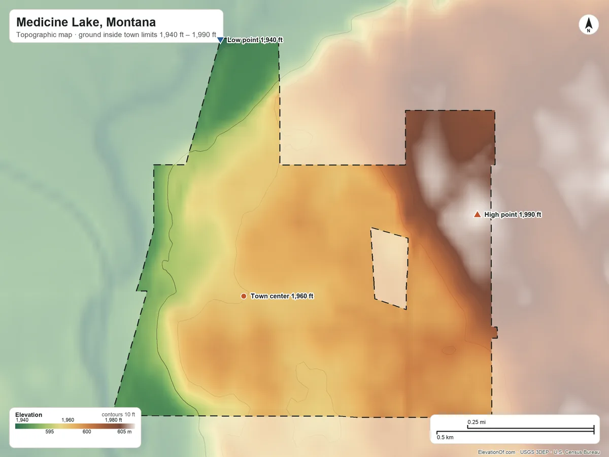 Topographic elevation map of Medicine Lake, Montana, shaded from 1,940 ft on the north side to 1,990 ft on the east side