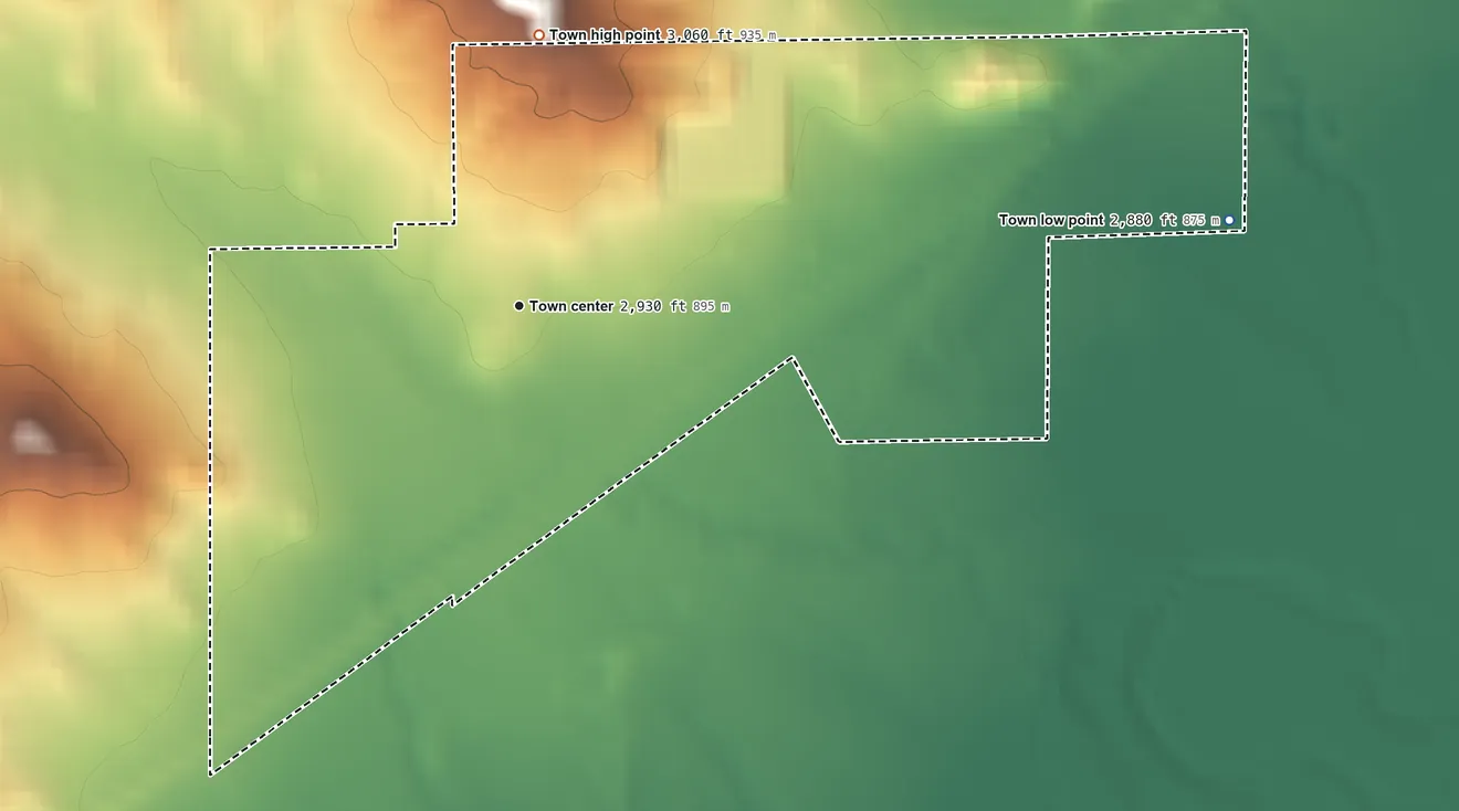 Topographic elevation map of Melstone, Montana, shaded from 2,880 ft on the east side to 3,060 ft on the north side