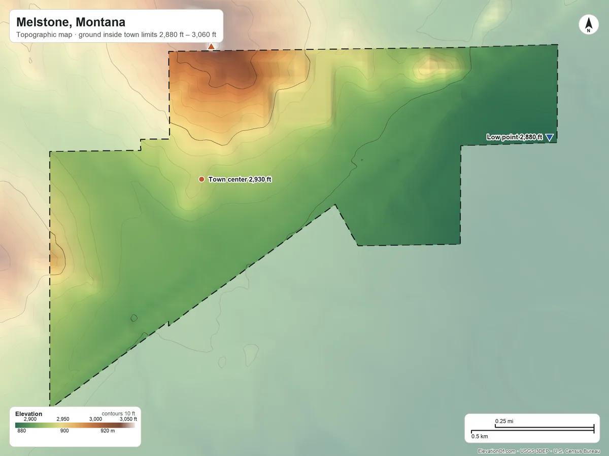 Topographic elevation map of Melstone, Montana, shaded from 2,880 ft on the east side to 3,060 ft on the north side