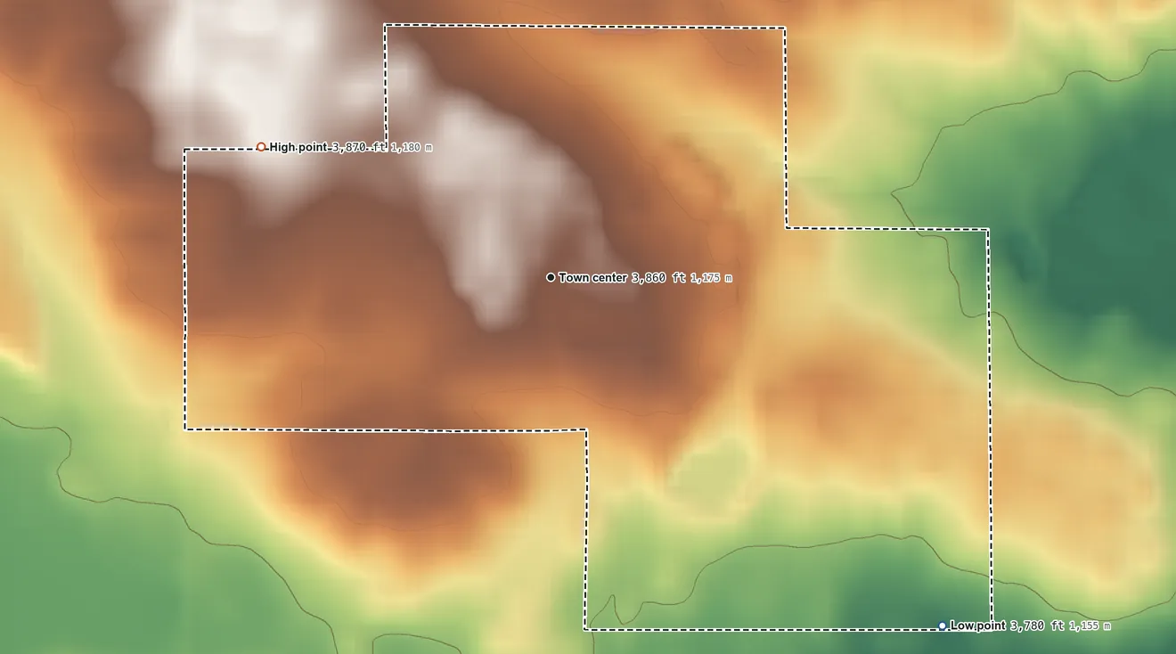 Topographic elevation map of Midway Colony, Montana, shaded from 3,780 ft on the southeast side to 3,870 ft on the northwest side