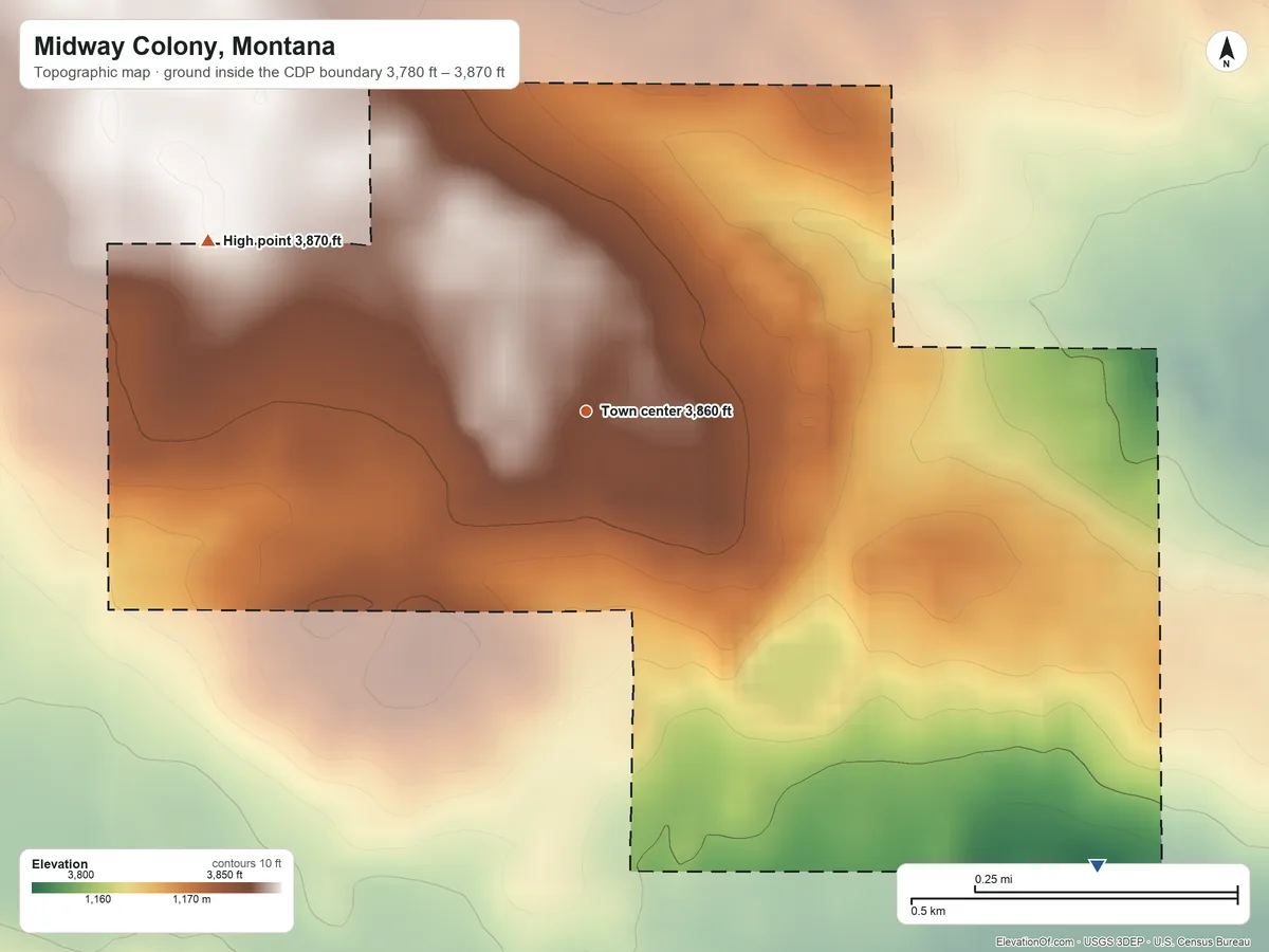 Topographic elevation map of Midway Colony, Montana, shaded from 3,780 ft on the southeast side to 3,870 ft on the northwest side