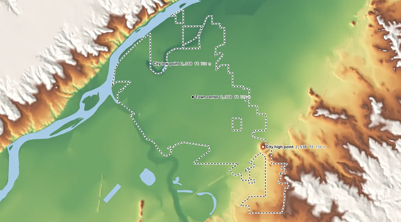 Topographic elevation map of Miles City, Montana, shaded from 2,340 ft on the northwest side to 2,530 ft on Carbon Hill