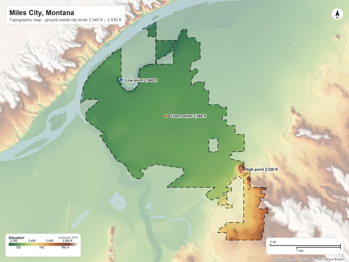 Topographic elevation map of Miles City, Montana, shaded from 2,340 ft on the northwest side to 2,530 ft on Carbon Hill