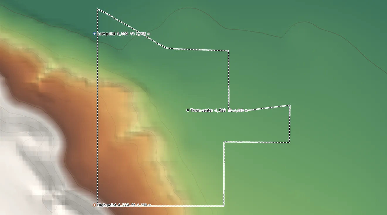 Topographic elevation map of Miller Colony, Montana, shaded from 3,990 ft on the northwest side to 4,220 ft on the southwest side