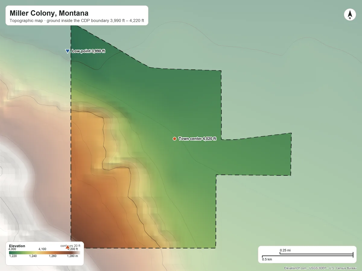Topographic elevation map of Miller Colony, Montana, shaded from 3,990 ft on the northwest side to 4,220 ft on the southwest side
