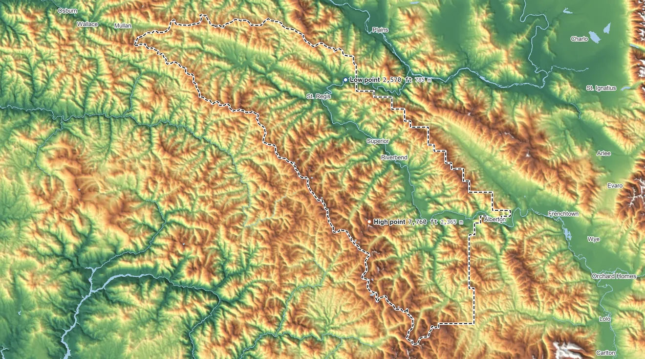 Topographic elevation map of Mineral County, Montana, shaded from 2,570 ft on the north side to 7,760 ft on the southeast side