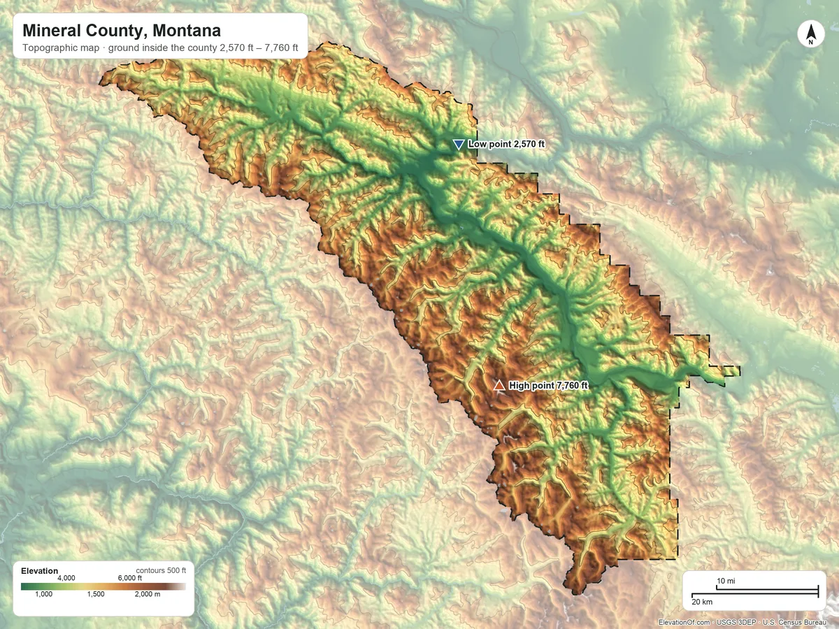 Topographic elevation map of Mineral County, Montana, shaded from 2,570 ft on the north side to 7,760 ft on the southeast side