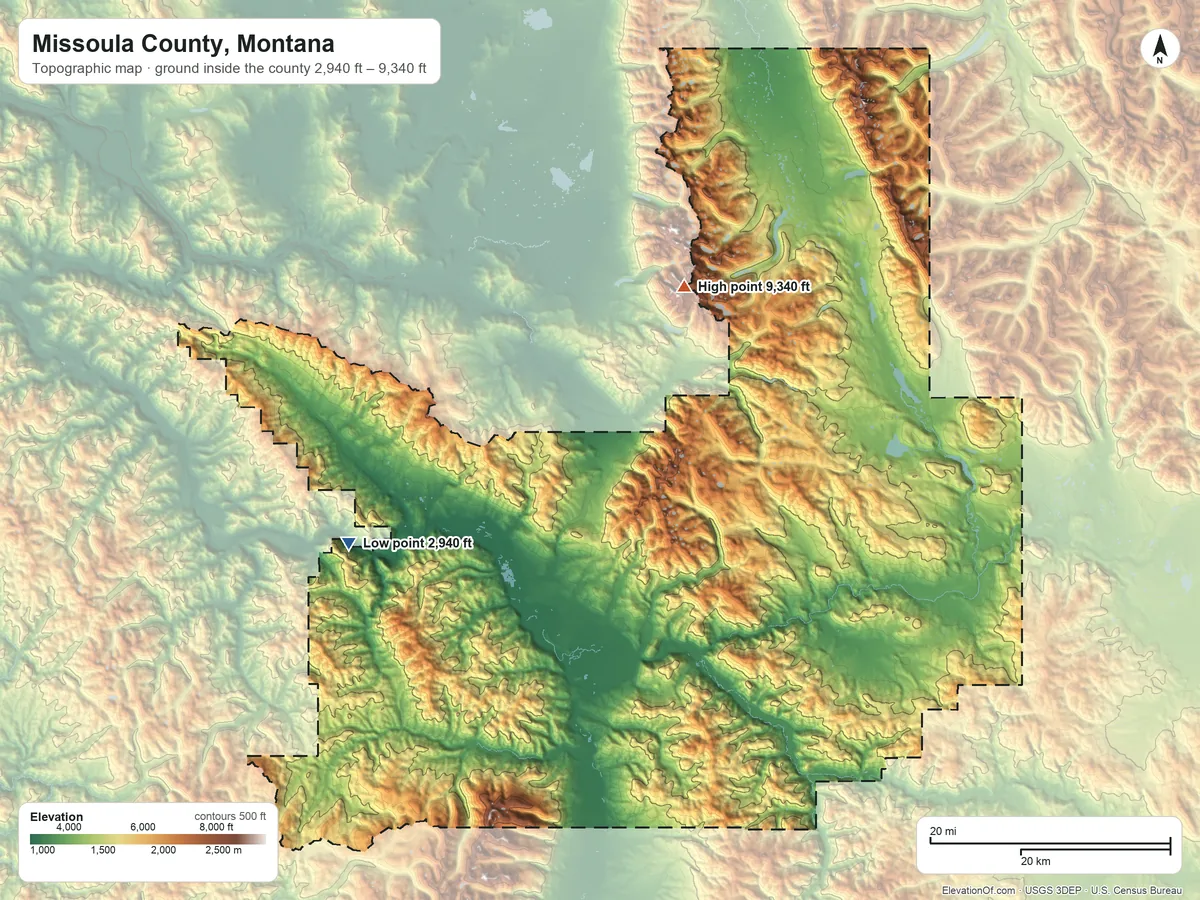 Topographic elevation map of Missoula County, Montana, shaded from 2,940 ft on the west side to 9,340 ft on Lowary Peak