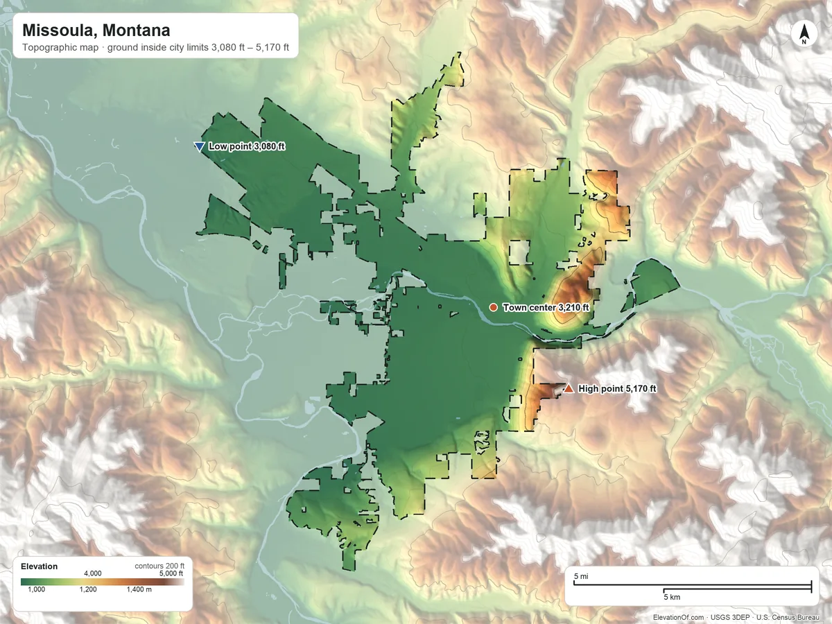 Topographic elevation map of Missoula, Montana, shaded from 3,080 ft on the northwest side to 5,170 ft at the foot of the South Hills