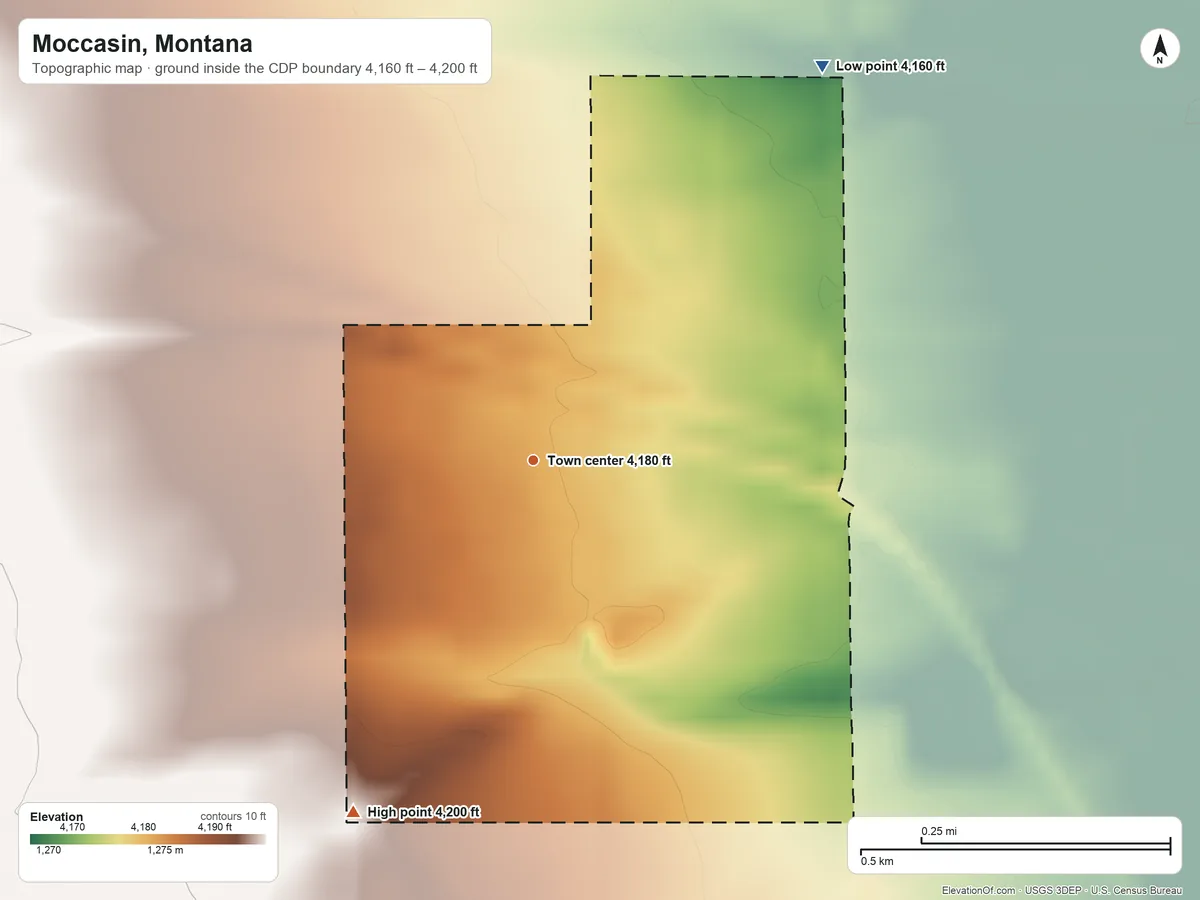 Topographic elevation map of Moccasin, Montana, shaded from 4,160 ft on the northeast side to 4,200 ft on the southwest side