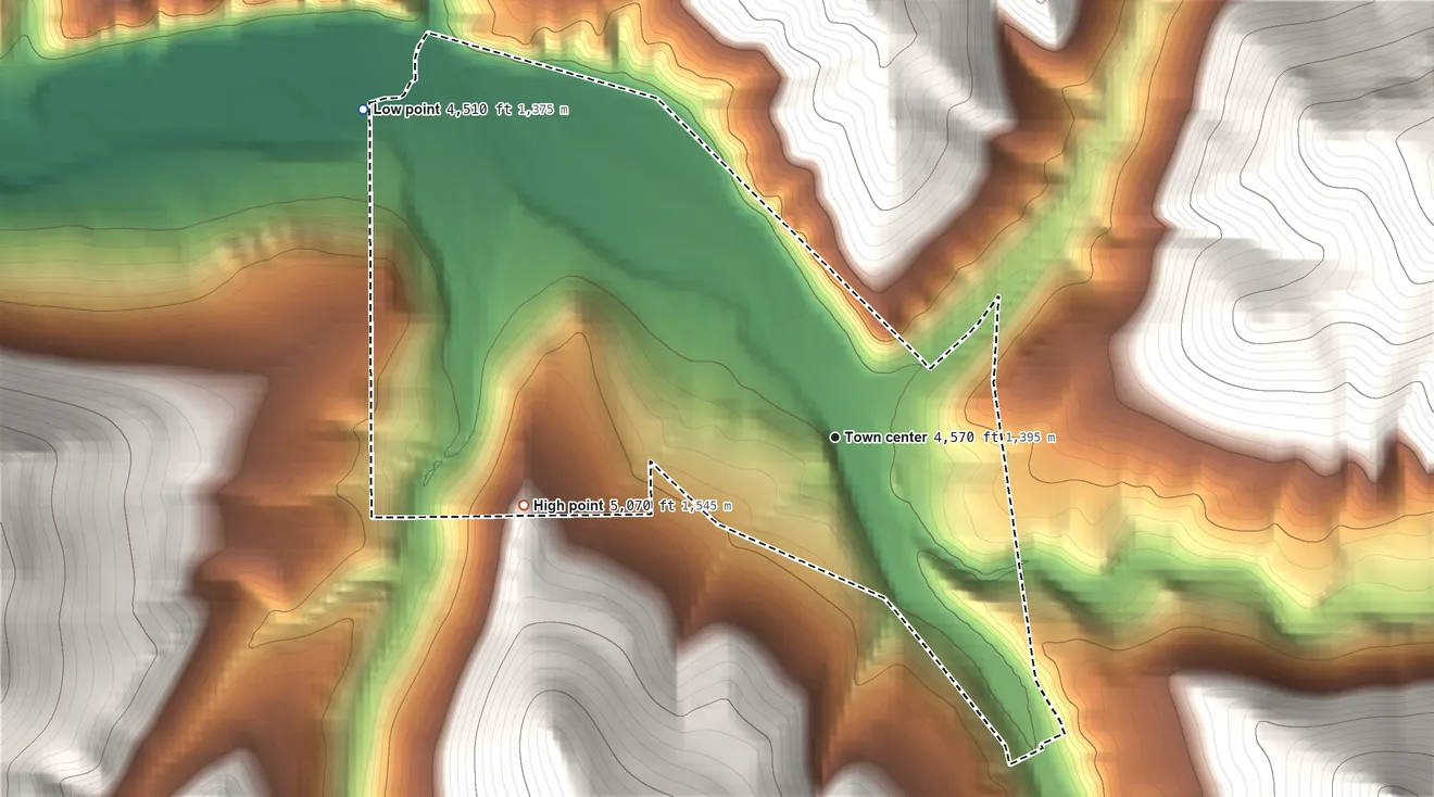 Topographic elevation map of Monarch, Montana, shaded from 4,510 ft on the northwest side to 5,070 ft on the west edge, below higher ground just outside