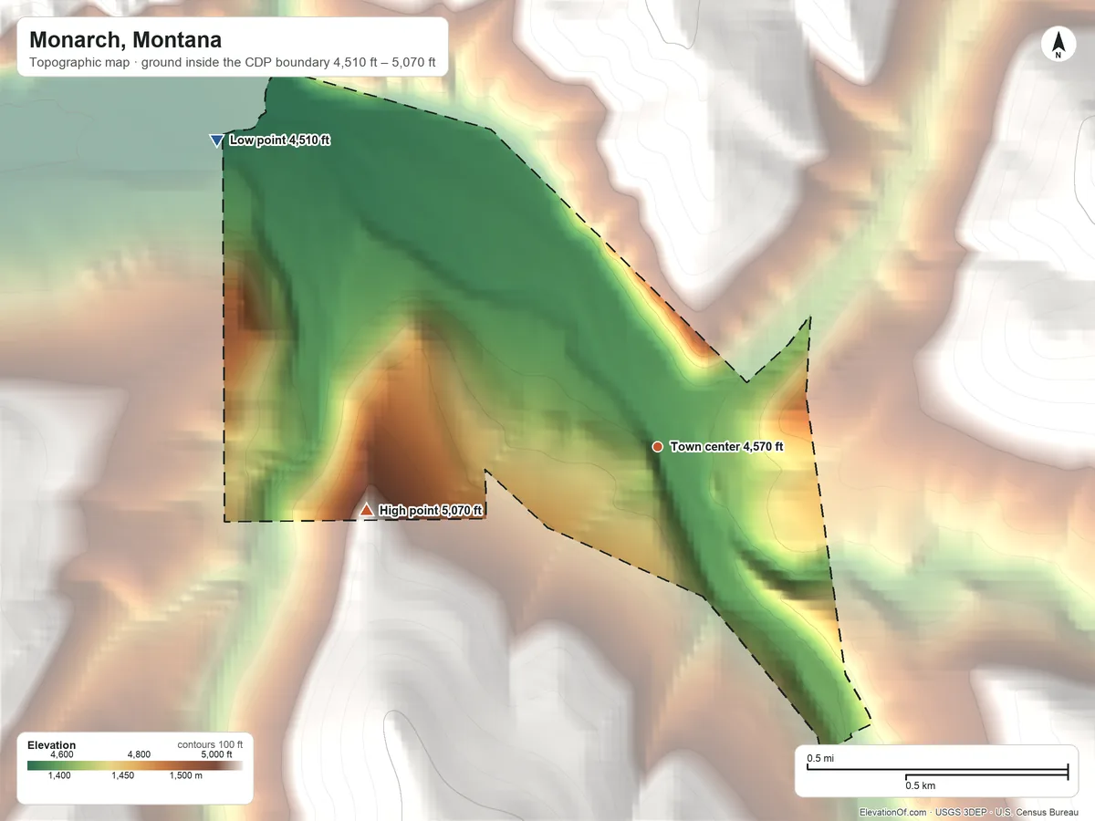 Topographic elevation map of Monarch, Montana, shaded from 4,510 ft on the northwest side to 5,070 ft on the west edge, below higher ground just outside