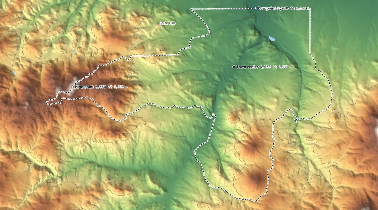 Topographic elevation map of Montana City, Montana, shaded from 3,940 ft on the north side to 6,550 ft on the west edge, below higher ground just outside