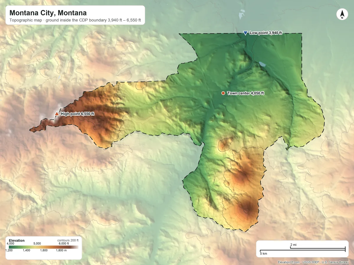 Topographic elevation map of Montana City, Montana, shaded from 3,940 ft on the north side to 6,550 ft on the west edge, below higher ground just outside