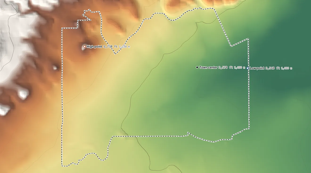 Topographic elevation map of Montaqua, Montana, shaded from 3,540 ft on the east side to 3,770 ft on the west edge, below higher ground just outside