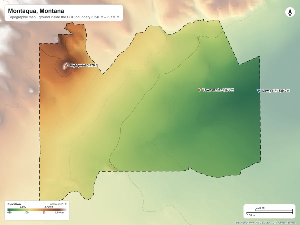Topographic elevation map of Montaqua, Montana, shaded from 3,540 ft on the east side to 3,770 ft on the west edge, below higher ground just outside