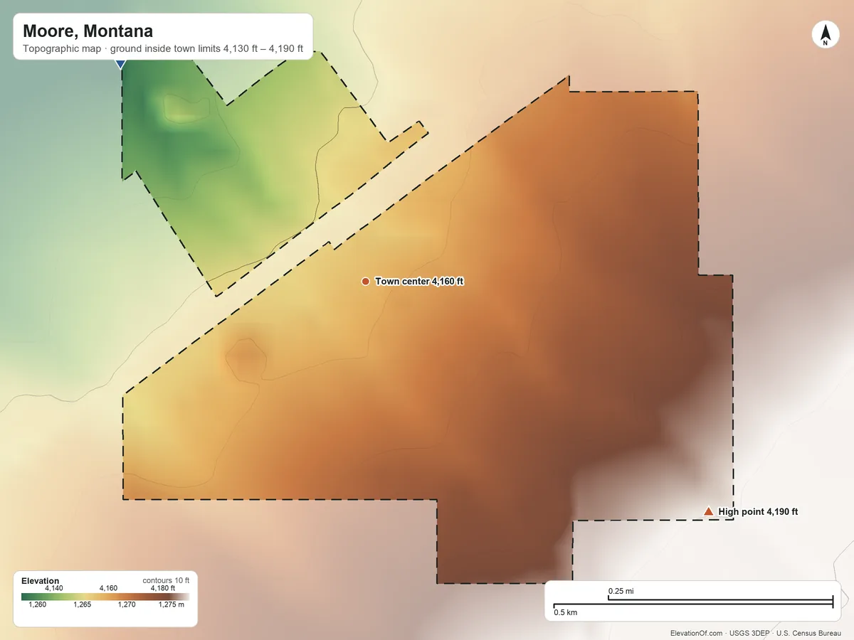 Topographic elevation map of Moore, Montana, shaded from 4,130 ft on the northwest side to 4,190 ft on the southeast side