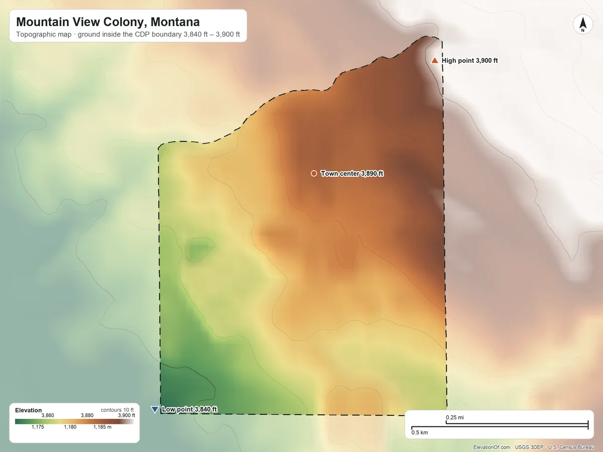 Topographic elevation map of Mountain View Colony, Montana, shaded from 3,840 ft on the southwest side to 3,900 ft on the northeast side