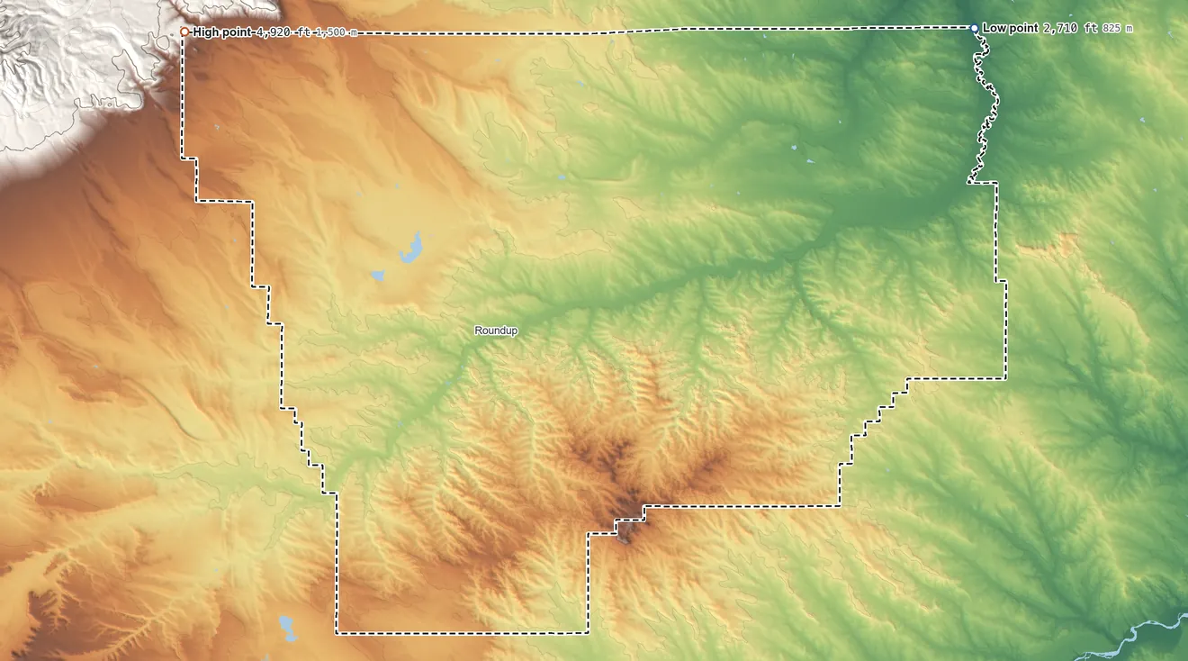 Topographic elevation map of Musselshell County, Montana, shaded from 2,710 ft on the northeast side to 4,920 ft on the northwest side