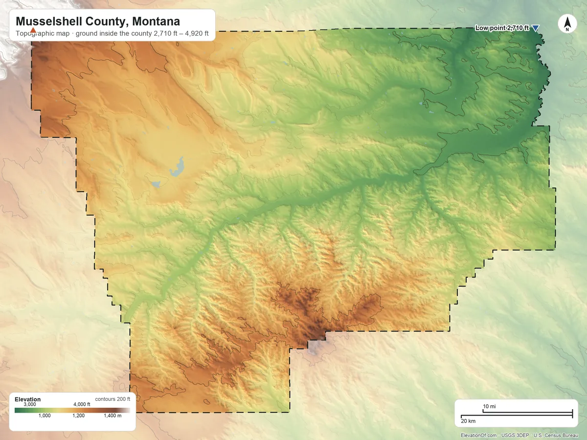 Topographic elevation map of Musselshell County, Montana, shaded from 2,710 ft on the northeast side to 4,920 ft on the northwest side