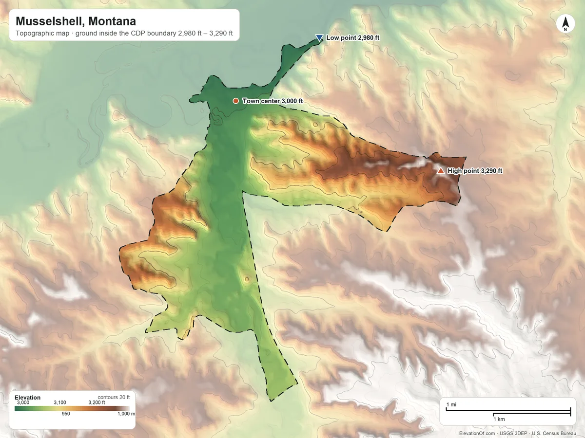 Topographic elevation map of Musselshell, Montana, shaded from 2,980 ft on the northeast side to 3,290 ft on the east side