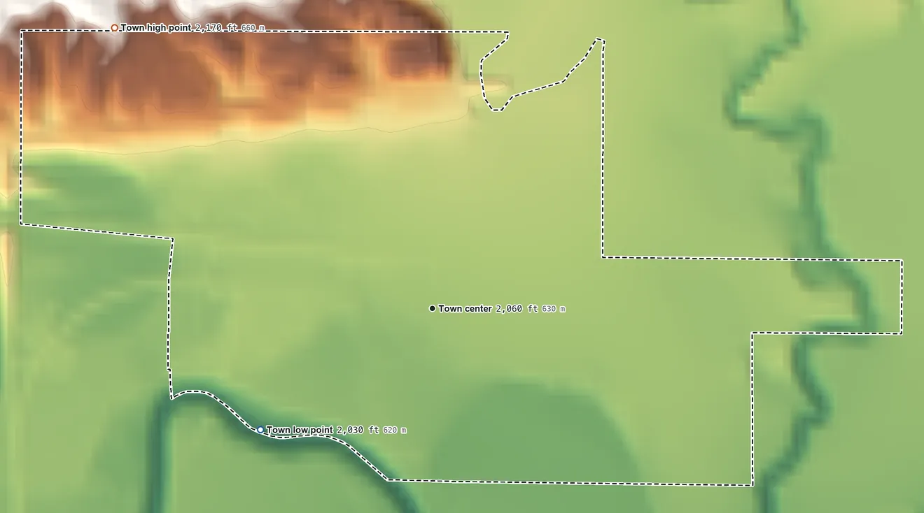 Topographic elevation map of Nashua, Montana, shaded from 2,030 ft on the southwest side to 2,170 ft on the northwest side