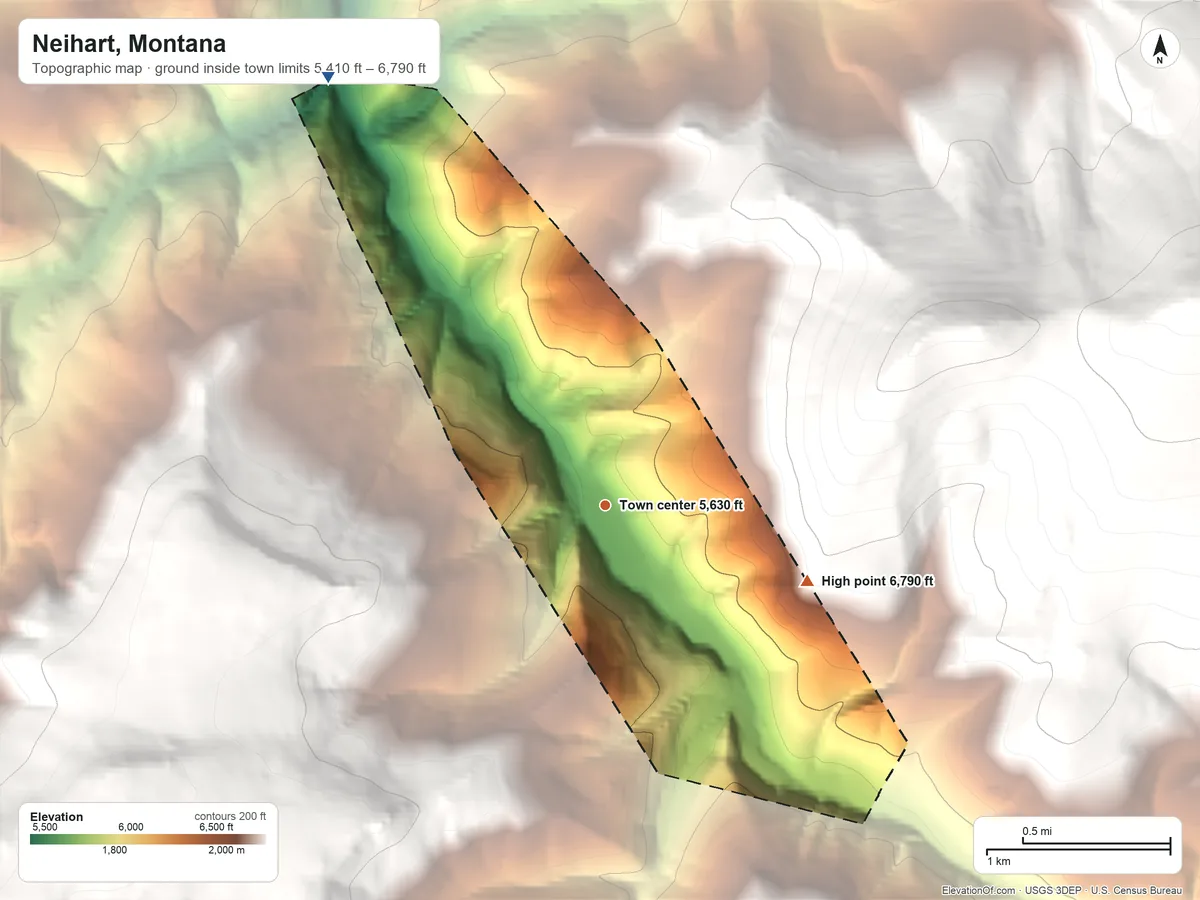 Topographic elevation map of Neihart, Montana, shaded from 5,410 ft on the northwest side to 6,790 ft at the foot of the Little Belt Mountains