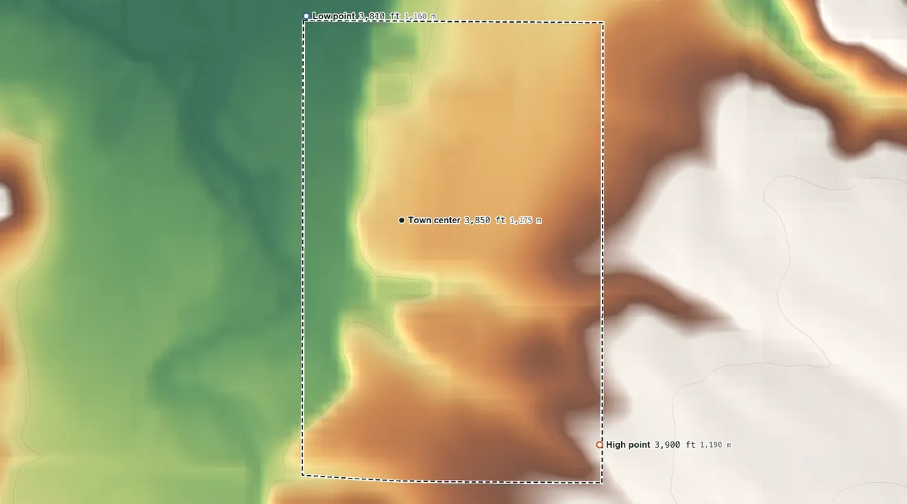 Topographic elevation map of New Miami Colony, Montana, shaded from 3,810 ft on the northwest side to 3,900 ft on the southeast side