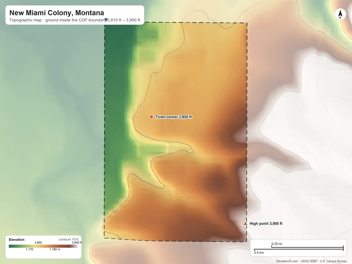 Topographic elevation map of New Miami Colony, Montana, shaded from 3,810 ft on the northwest side to 3,900 ft on the southeast side
