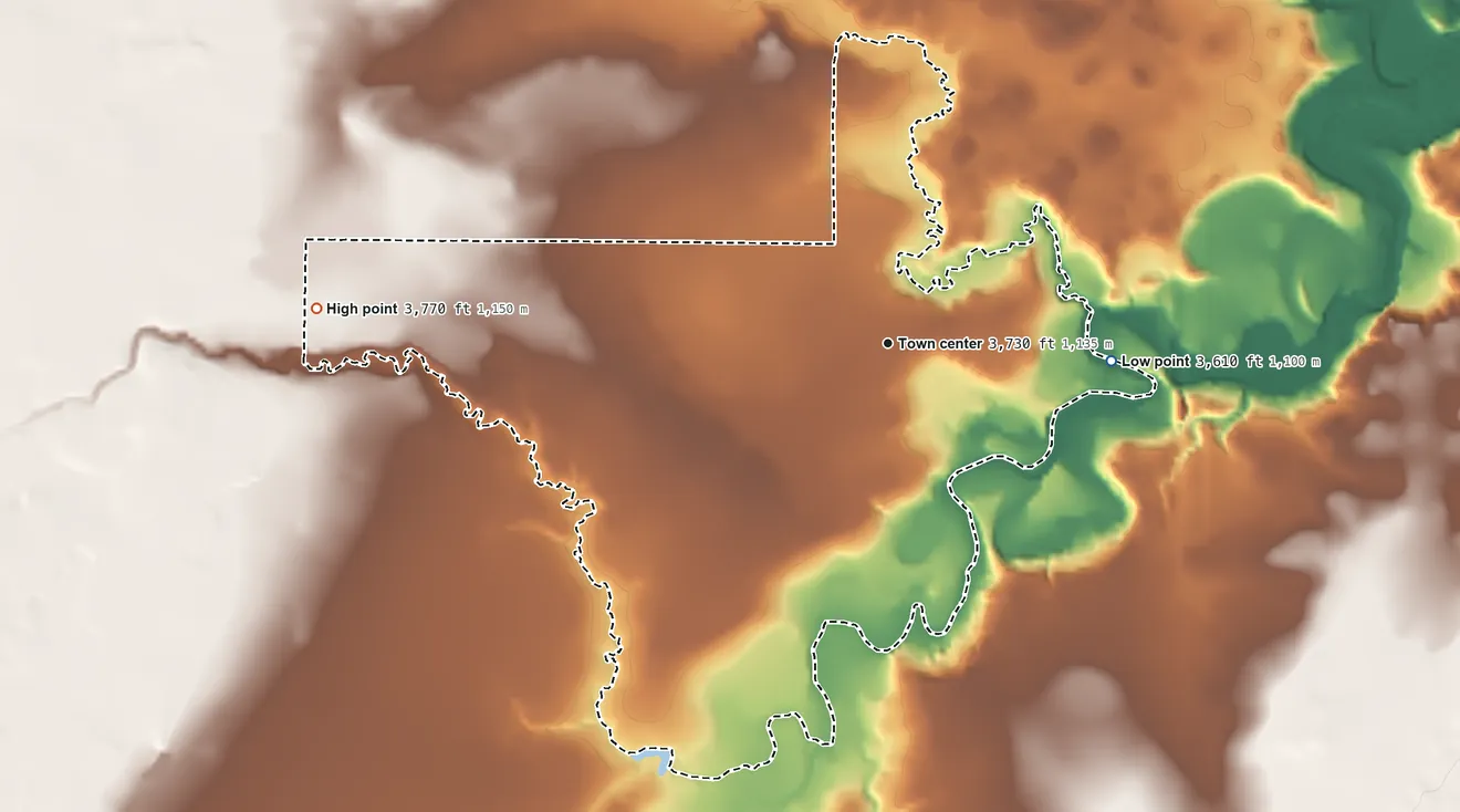 Topographic elevation map of New Rockport Colony, Montana, shaded from 3,610 ft on the east side to 3,770 ft on the west side